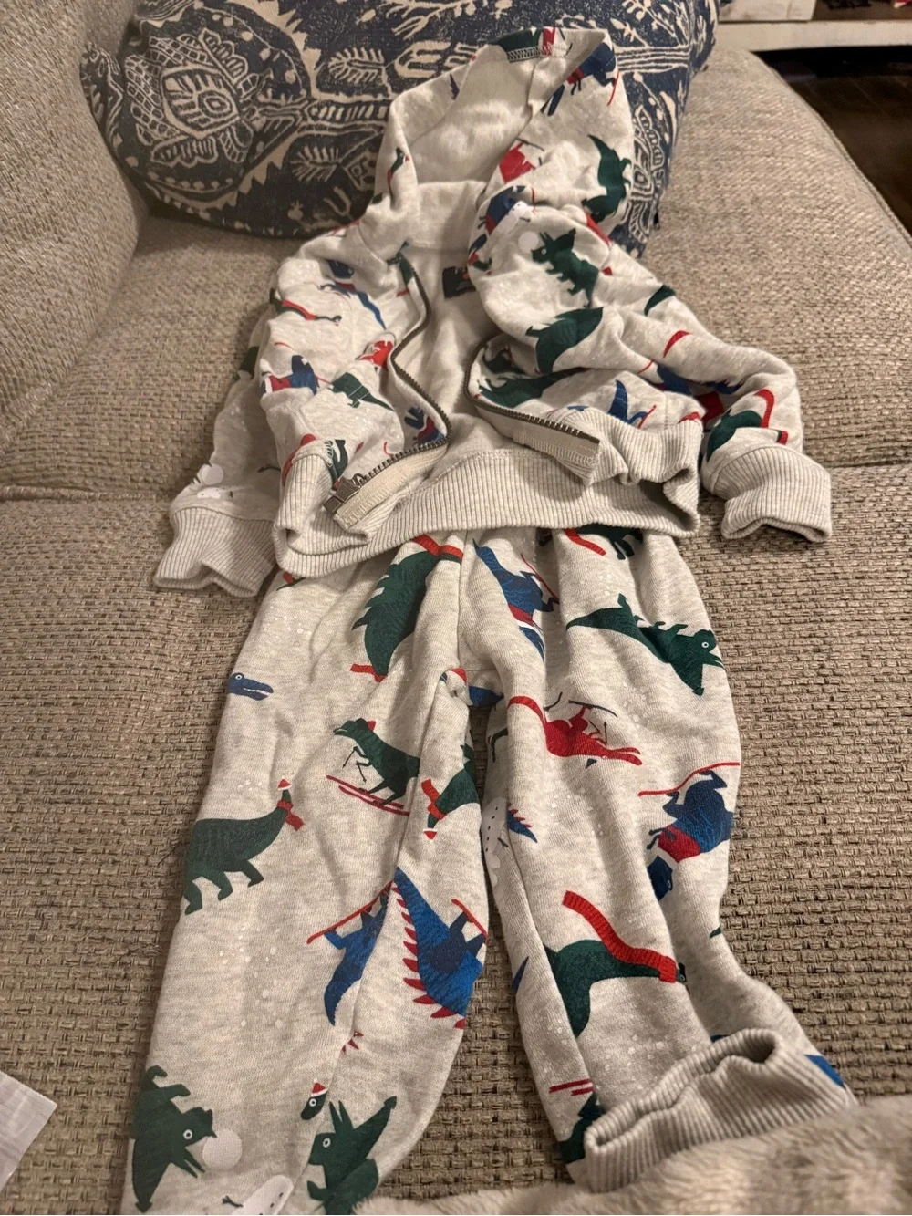 Kids Gray Dinosaur Hoodie & Jogger Pajama Set - Green & Blue Dinosaurs